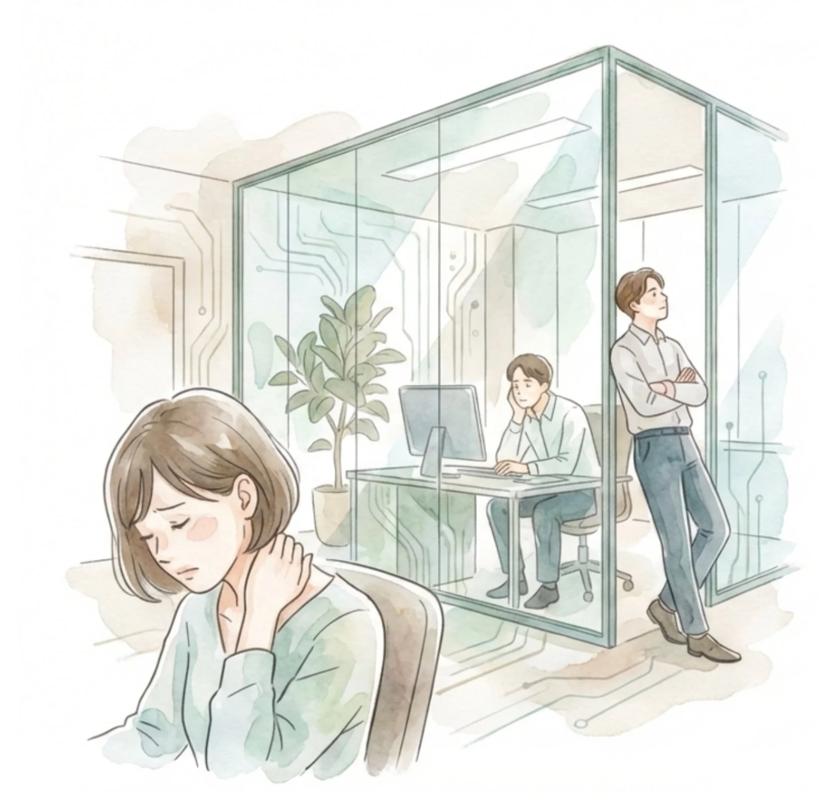 言葉にしづらいストレスや疲労を抱える従業員のイラスト