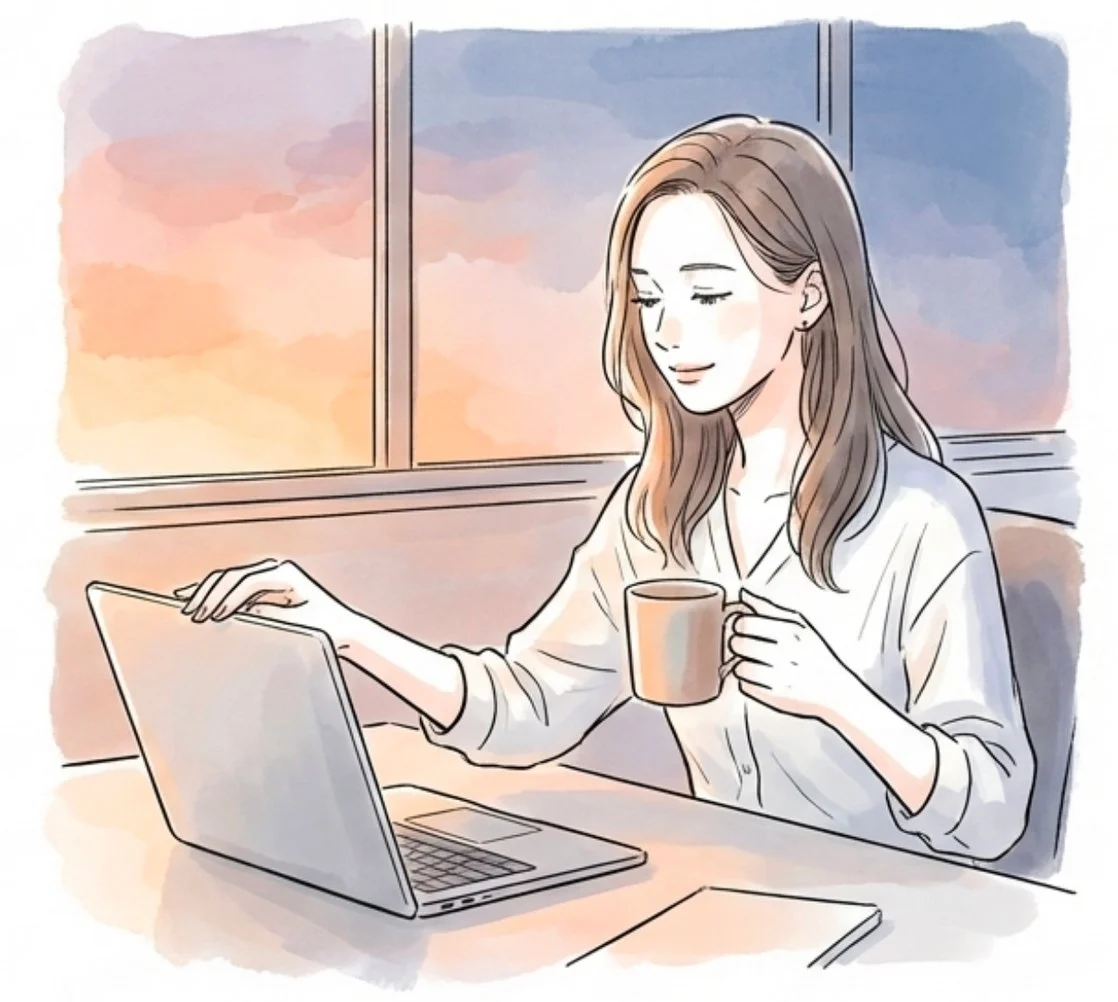 ひと息ついて、PCを閉じてマグを手にする女性